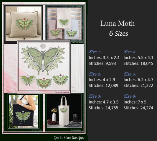 Luna Moth with Leaves – Botanical Machine Embroidery Design | Mystical Nature Insect Art, 6 Sizes (2889)