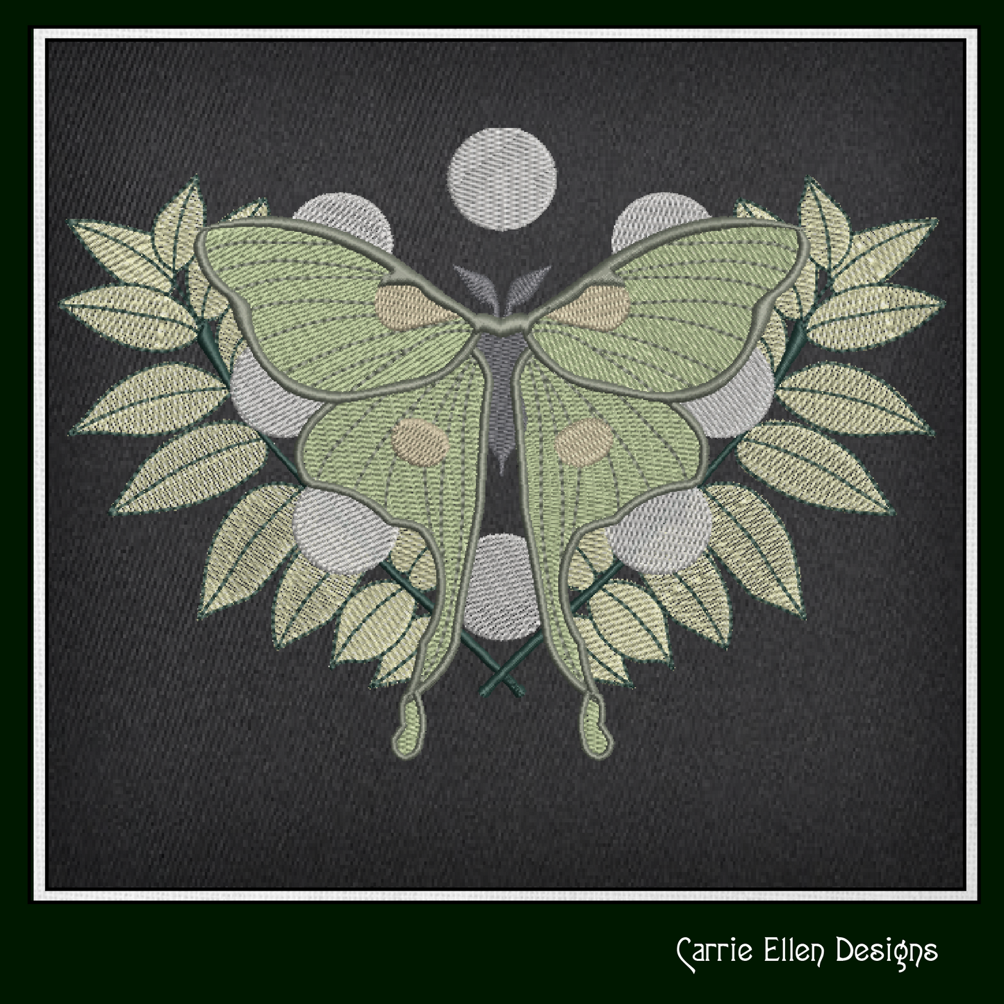 Luna Moth with Leaves – Botanical Machine Embroidery Design | Mystical Nature Insect Art, 6 Sizes (2889)