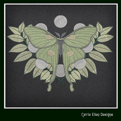 Luna Moth with Leaves – Botanical Machine Embroidery Design | Mystical Nature Insect Art, 6 Sizes (2889)
