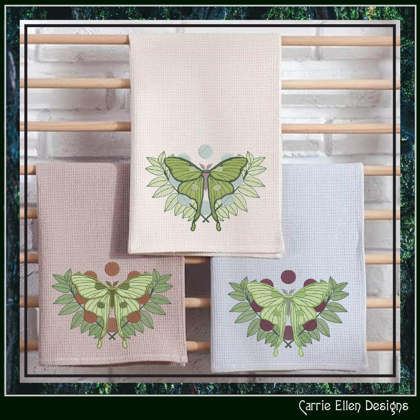 Luna Moth with Leaves – Botanical Machine Embroidery Design | Mystical Nature Insect Art, 6 Sizes (2889)