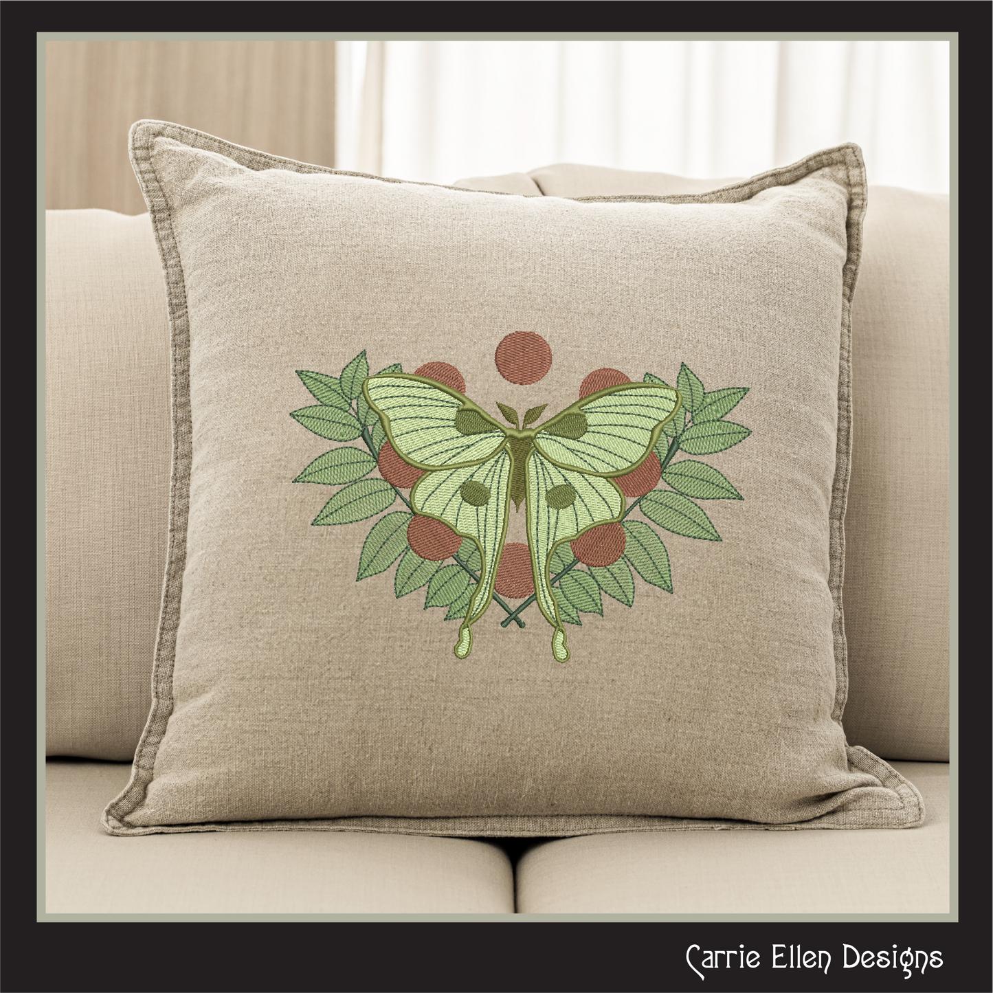 Luna Moth with Leaves – Botanical Machine Embroidery Design | Mystical Nature Insect Art, 6 Sizes (2889)