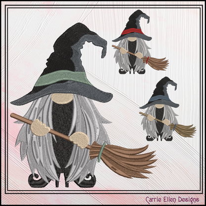 Witch Gnome with Broomstick Machine Embroidery Design, Halloween Theme Gnome Design, 6 Sizes (2896)