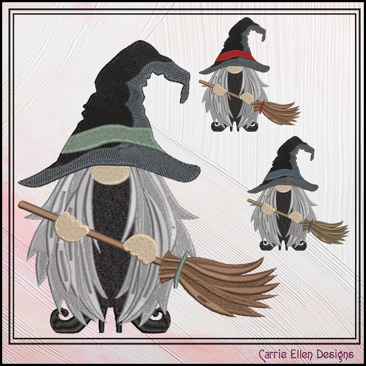 Witch Gnome with Broomstick Machine Embroidery Design, Halloween Theme Gnome Design, 6 Sizes (2896)