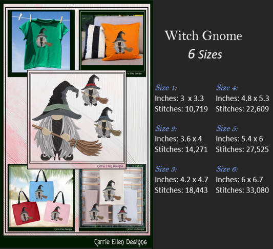 Witch Gnome with Broomstick Machine Embroidery Design, Halloween Theme Gnome Design, 6 Sizes (2896)
