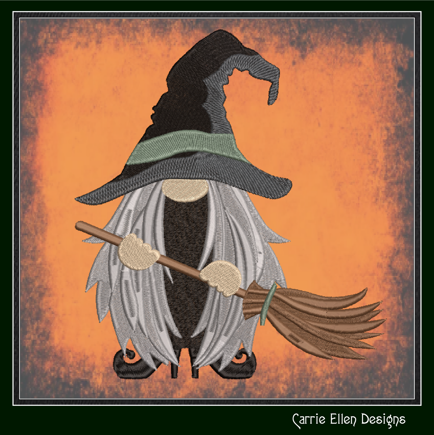 Witch Gnome with Broomstick Machine Embroidery Design, Halloween Theme Gnome Design, 6 Sizes (2896)