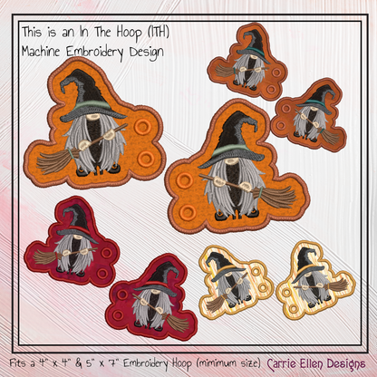 Witch Gnome ITH Shoe Wing Machine Embroidery Design, Witch with Broomstick Halloween Gnome In The Hoop (2897)