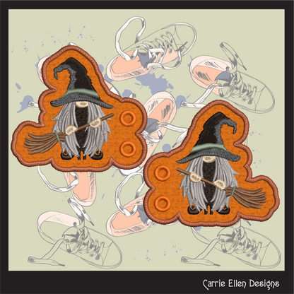 Witch Gnome ITH Shoe Wing Machine Embroidery Design, Witch with Broomstick Halloween Gnome In The Hoop (2897)