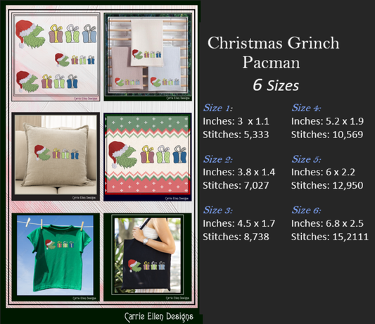 Grinch Christmas Machine Embroidery Design, Packman Grinch Eating Gifts Embroidery, Fun Holiday Themed Pattern, 6 Sizes (2902)