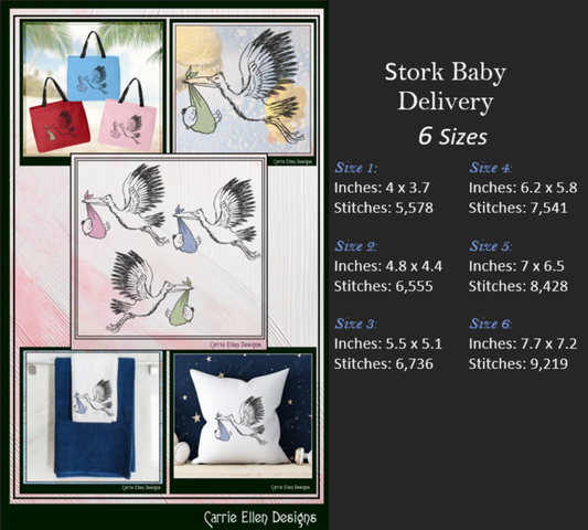 Stork Machine Embroidery Design, Baby Nursery Decor, Delivery Line Art, Sketch Embroidery Pattern, 6 Sizes (2905)