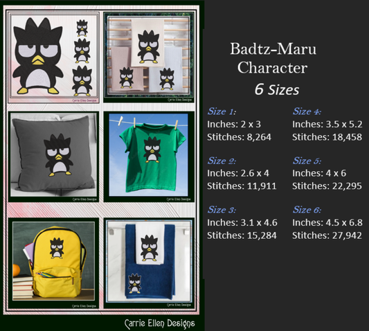 Penguin Cartoon Character Machine Embroidery Design, Badtz Maru Hello Kitty and Friends Fandom Cartoon, 6 Sizes (2945)