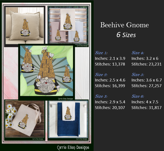 Gnome Machine Embroidery Design, Beehive and Bees Garden Gnome Pattern, 6 Sizes (2965)