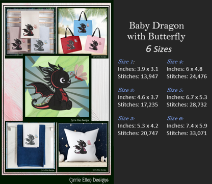 Cute Baby Dragon Machine Embroidery Design | Fantasy Dragon Stitch File | Kawaii Dragon Embroidery Pattern | Magical Creature Design, 6 Sizes, (2971)