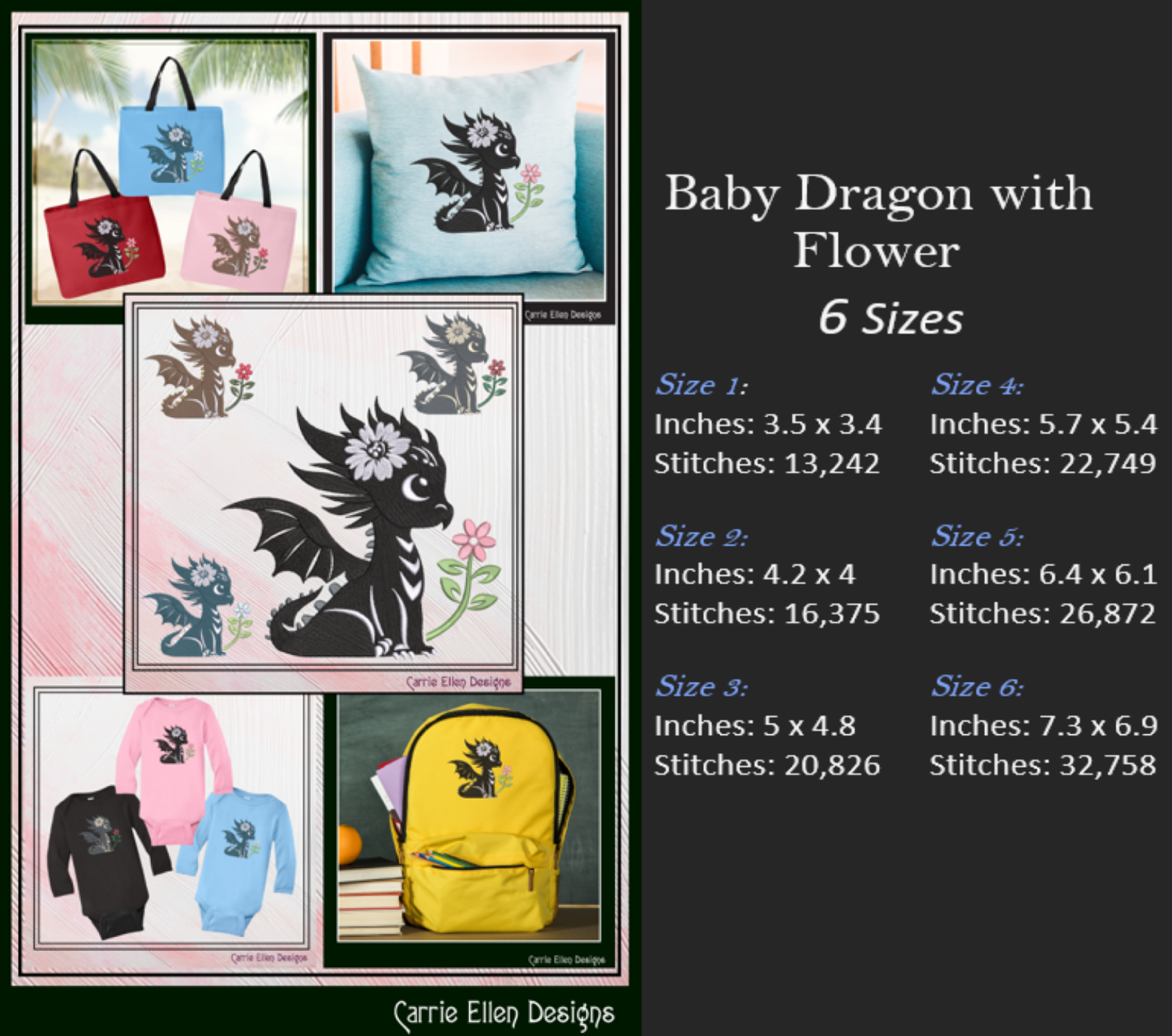 Cute Baby Dragon Machine Embroidery Design | Fantasy Dragon Stitch File | Kawaii Dragon Embroidery Pattern | Magical Creature Design, 6 Sizes, (2972)