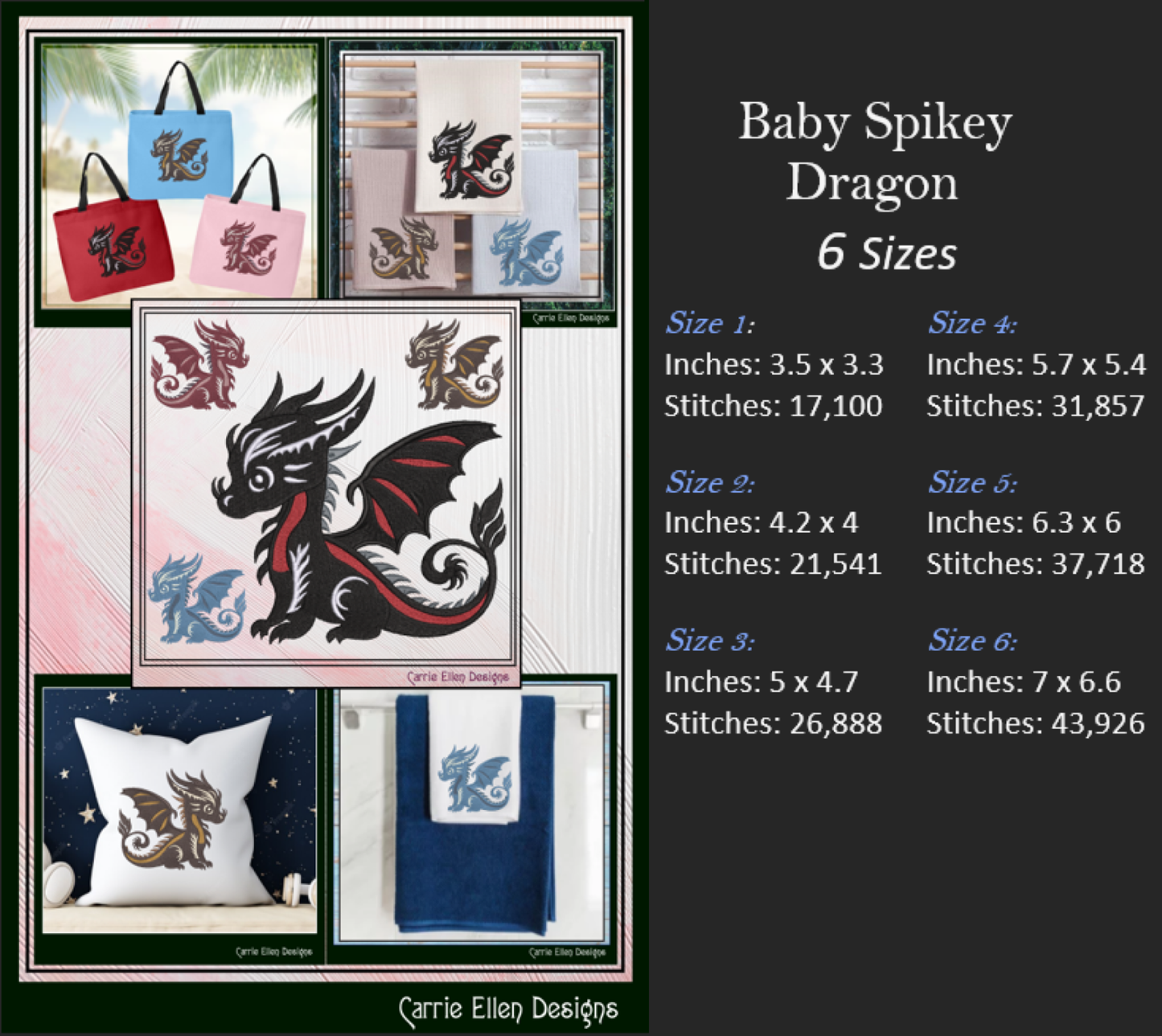 Cute Baby Dragon Machine Embroidery Design | Fantasy Dragon Stitch File | Kawaii Dragon Embroidery Pattern | Magical Creature Design, 6 Sizes, (2973)