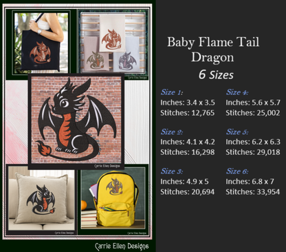 Cute Baby Dragon Machine Embroidery Design | Fantasy Dragon Stitch File | Kawaii Dragon Embroidery Pattern | Magical Creature Design, 6 Sizes, (2974)