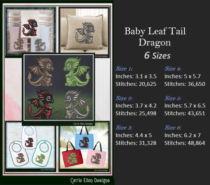 Adorable Baby Dragon Machine Embroidery Design, Cute Fantasy Animal, Leaf Tail Dragon, 6 Sizes (2977)