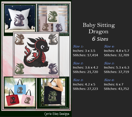 Adorable Baby Dragon Machine Embroidery Design, Cute Fantasy Animal Dragon, 6 Sizes (2978)