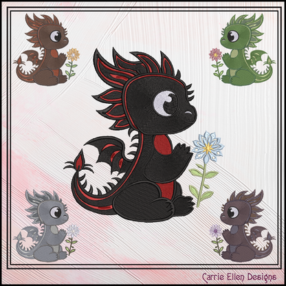 Adorable Baby Dragon Machine Embroidery Design, Cute Fantasy Animal Dragon with Flower, 6 Sizes (2979)