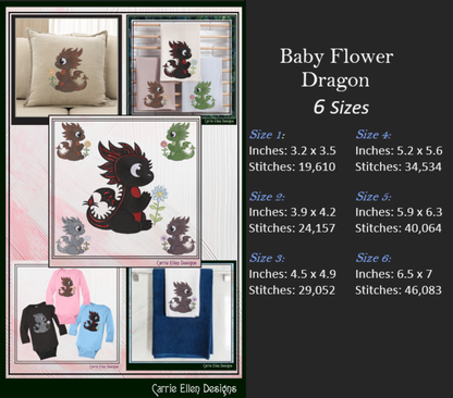 Adorable Baby Dragon Machine Embroidery Design, Cute Fantasy Animal Dragon with Flower, 6 Sizes (2979)