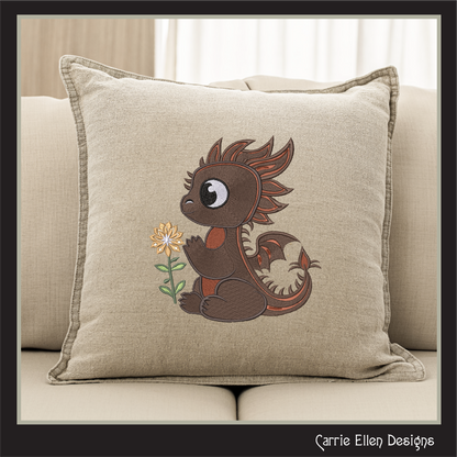 Adorable Baby Dragon Machine Embroidery Design, Cute Fantasy Animal Dragon with Flower, 6 Sizes (2979)
