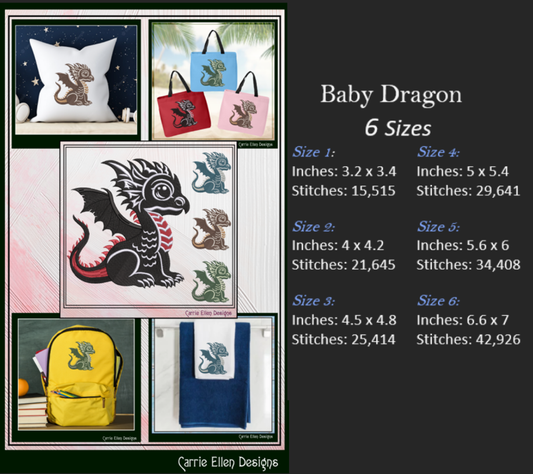Cute Baby Dragon Machine Embroidery Design | Fantasy Dragon Stitch File | Kawaii Dragon Embroidery Pattern | Magical Creature Design, 6 Sizes, (2980)