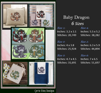 Adorable Baby Dragon Machine Embroidery Design, Cute Fantasy Animal, 6 Sizes (2982)
