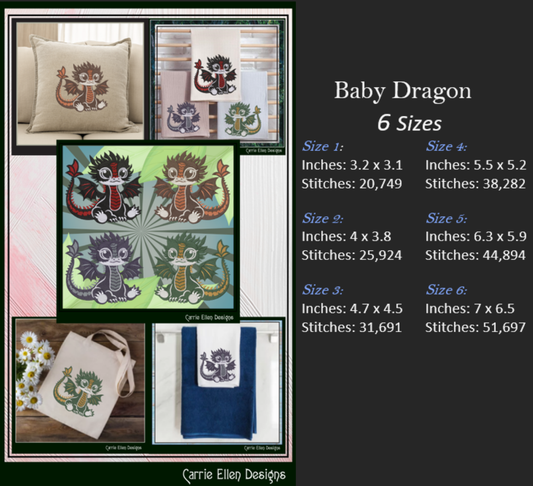 Adorable Baby Dragon Machine Embroidery Design, Cute Fantasy Animal, 6 Sizes (2982)