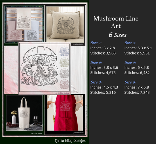 Mushroom Garden Line Art Machine Embroidery Design, Floral Mushroom Fungus Garden Sketch, 6 Sizes (3001)