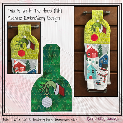 Grinch Towel Topper ITH Embroidery Design, Christmas Holiday X-Mas Character In The Hoop Towel Hanger Design (3010)