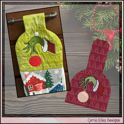 Grinch Towel Topper ITH Embroidery Design, Christmas Holiday X-Mas Character In The Hoop Towel Hanger Design (3010)