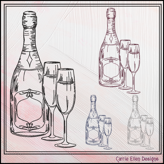 Champagne Bottle Sketch Embroidery Design, New Year Celebration Line Art Machine Embroidery, 6 sizes (3015)