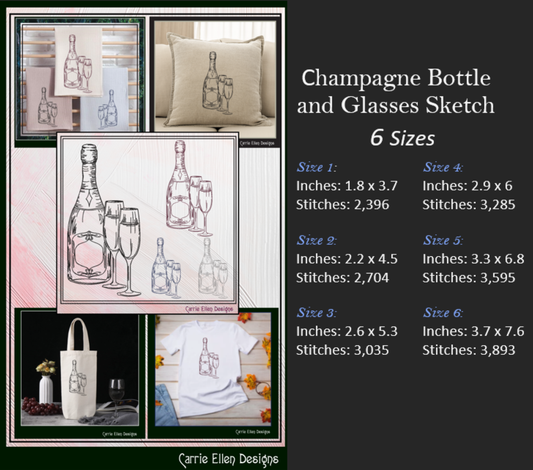 Champagne Bottle Sketch Embroidery Design, New Year Celebration Line Art Machine Embroidery, 6 sizes (3015)