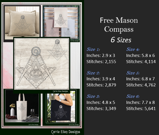 Free Mason Compass Machine Embroidery Design, Decorative Masonic Symbol, Sacred Geometry, God's Eye, 6 Sizes (3023)