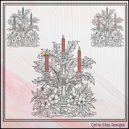Elegant Floral Candle Centerpiece Machine Embroidery Design, Artistic Candelabra Sketch, Holiday Design, 6 Sizes (3025)