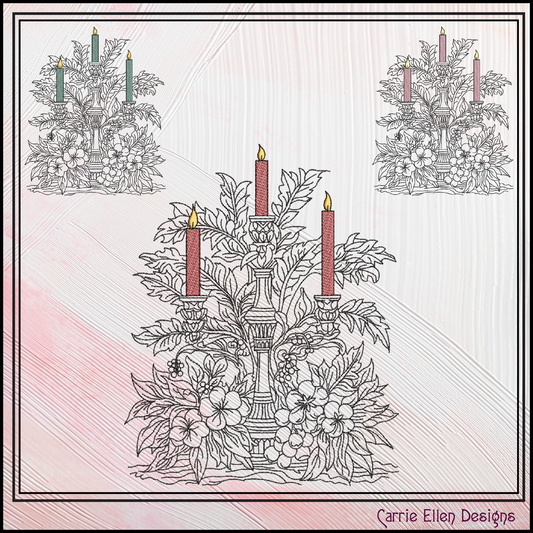 Elegant Floral Candle Centerpiece Machine Embroidery Design, Artistic Candelabra Sketch, Holiday Design, 6 Sizes (3025)