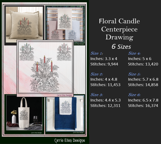 Elegant Floral Candle Centerpiece Machine Embroidery Design, Artistic Candelabra Sketch, Holiday Design, 6 Sizes (3025)