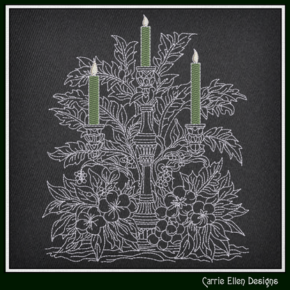 Elegant Floral Candle Centerpiece Machine Embroidery Design, Artistic Candelabra Sketch, Holiday Design, 6 Sizes (3025)