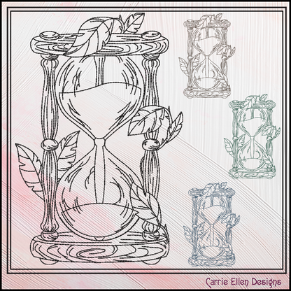 Hourglass Machine Embroidery Design, Woodlands Nature Framed Line Art Timepiece Sketch Design, 6 Sizes (3026)