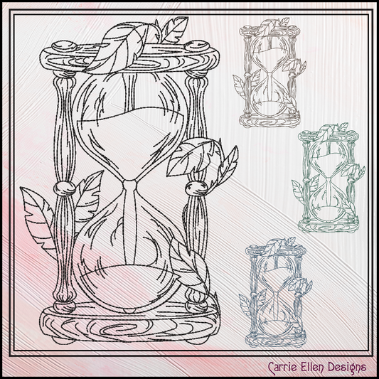 Hourglass Machine Embroidery Design, Woodlands Nature Framed Line Art Timepiece Sketch Design, 6 Sizes (3026)