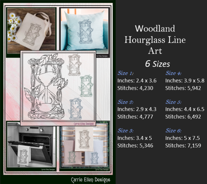Hourglass Machine Embroidery Design, Woodlands Nature Framed Line Art Timepiece Sketch Design, 6 Sizes (3026)