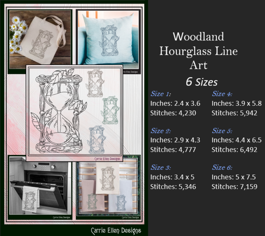 Hourglass Machine Embroidery Design, Woodlands Nature Framed Line Art Timepiece Sketch Design, 6 Sizes (3026)