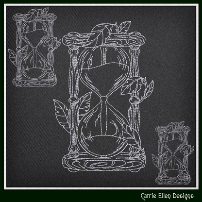 Hourglass Machine Embroidery Design, Woodlands Nature Framed Line Art Timepiece Sketch Design, 6 Sizes (3026)