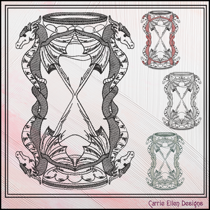 Dragon Hourglass Machine Embroidery Design, Fantasy Dragon Framed Line Art Timepiece Sketch Design, 6 Sizes (3029)