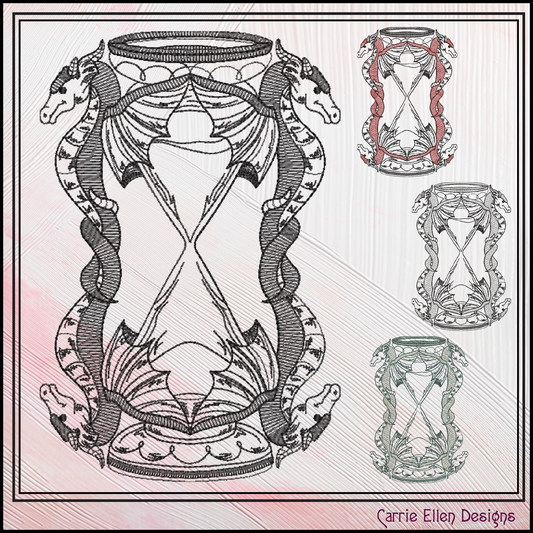 Dragon Hourglass Machine Embroidery Design, Fantasy Dragon Framed Line Art Timepiece Sketch Design, 6 Sizes (3029)