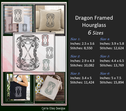 Dragon Hourglass Machine Embroidery Design, Fantasy Dragon Framed Line Art Timepiece Sketch Design, 6 Sizes (3029)