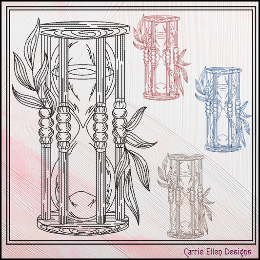 Hourglass Machine Embroidery Design, Bamboo Leaf Line Art Timepiece Sketch Design, 6 Sizes (3030)