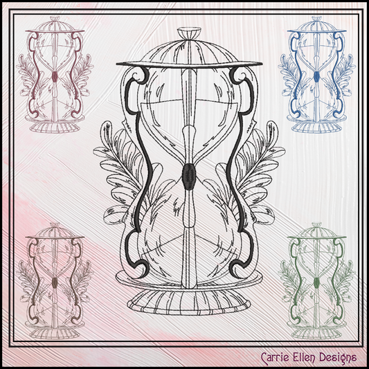Hourglass Machine Embroidery Design, Eucalyptus Leaf Line Art Timepiece Sketch Design, 6 Sizes (3031)