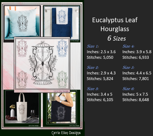 Hourglass Machine Embroidery Design, Eucalyptus Leaf Line Art Timepiece Sketch Design, 6 Sizes (3031)