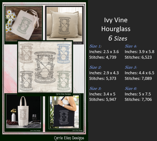 Hourglass Machine Embroidery Design, Ivy and Vines Line Art Timepiece Sketch Design, 6 Sizes (3032)