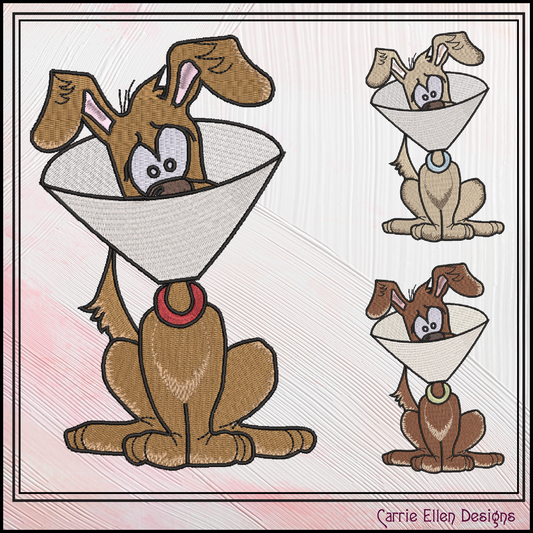 Dog Humor Machine Embroidery Design, Cartoon Dog Wearing a Cone Collar, Confused Dog Embroidery, 6 Sizes (3044)